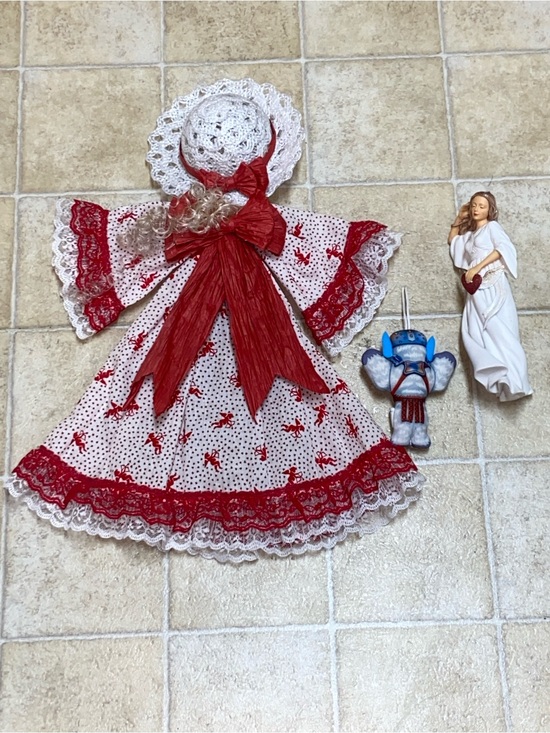 Vintage Other - Handmade Red & White Doll Dress with Lace Trim - Kids Toys & Ángel Decor